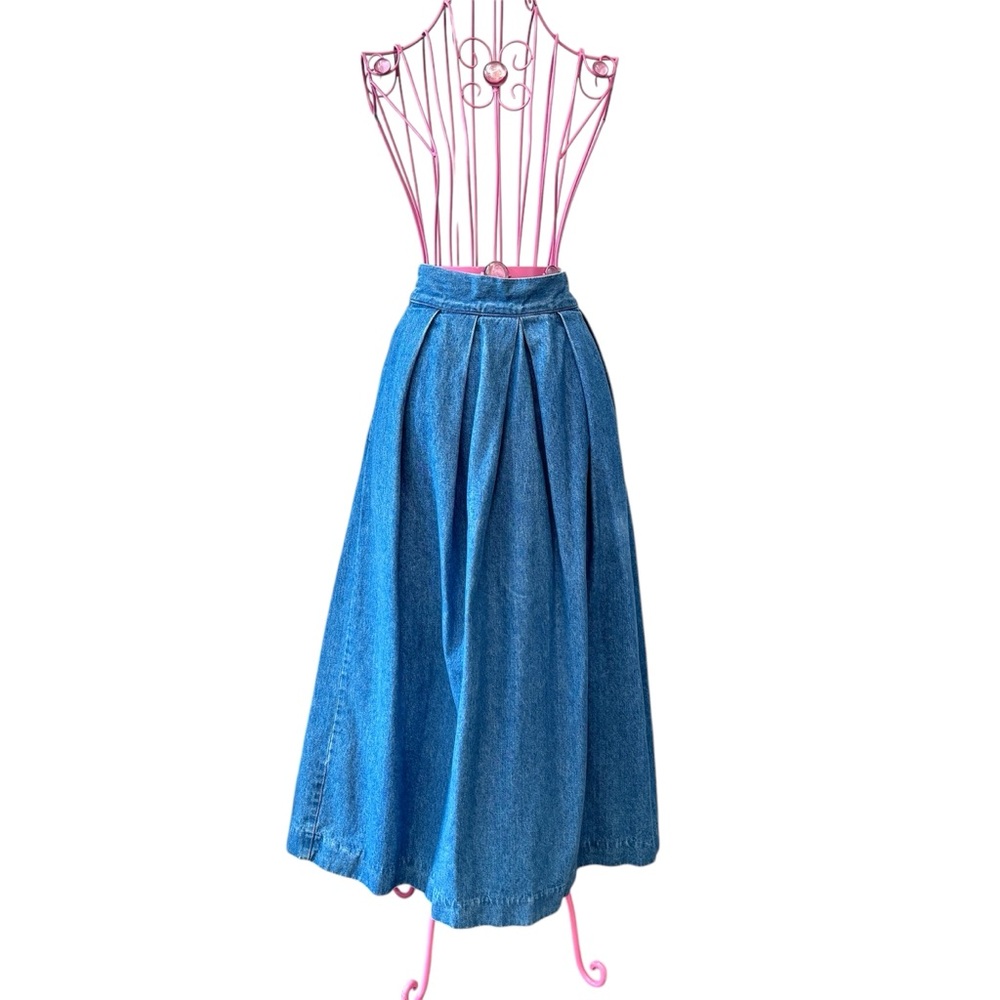 Blue Denim Midi Skirt - Classic Pleated A-Line